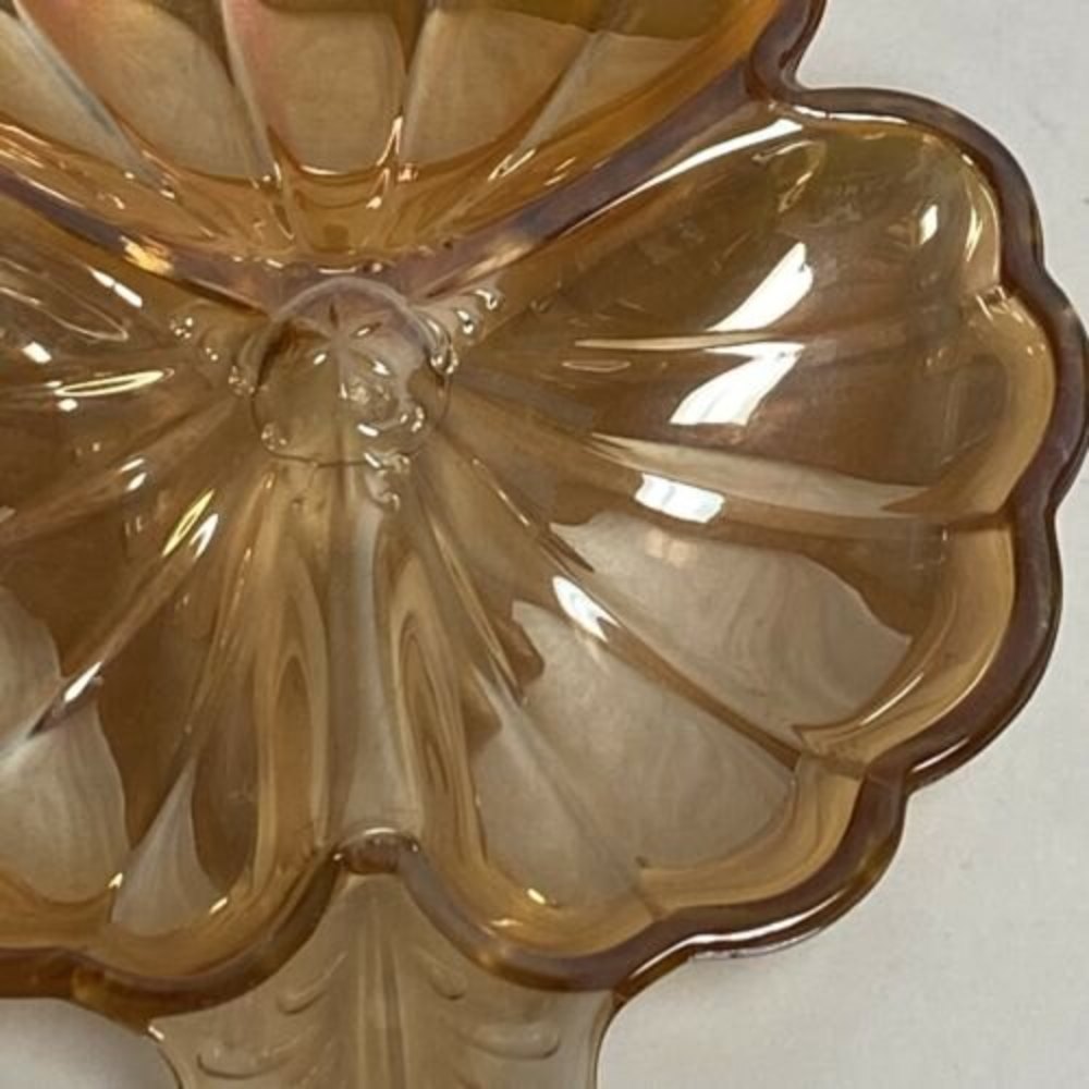 Jeannette Glass Marigold Iridescent Carnival Glass Doric Clover Leaf Candy Dish - Picture 4 of 11